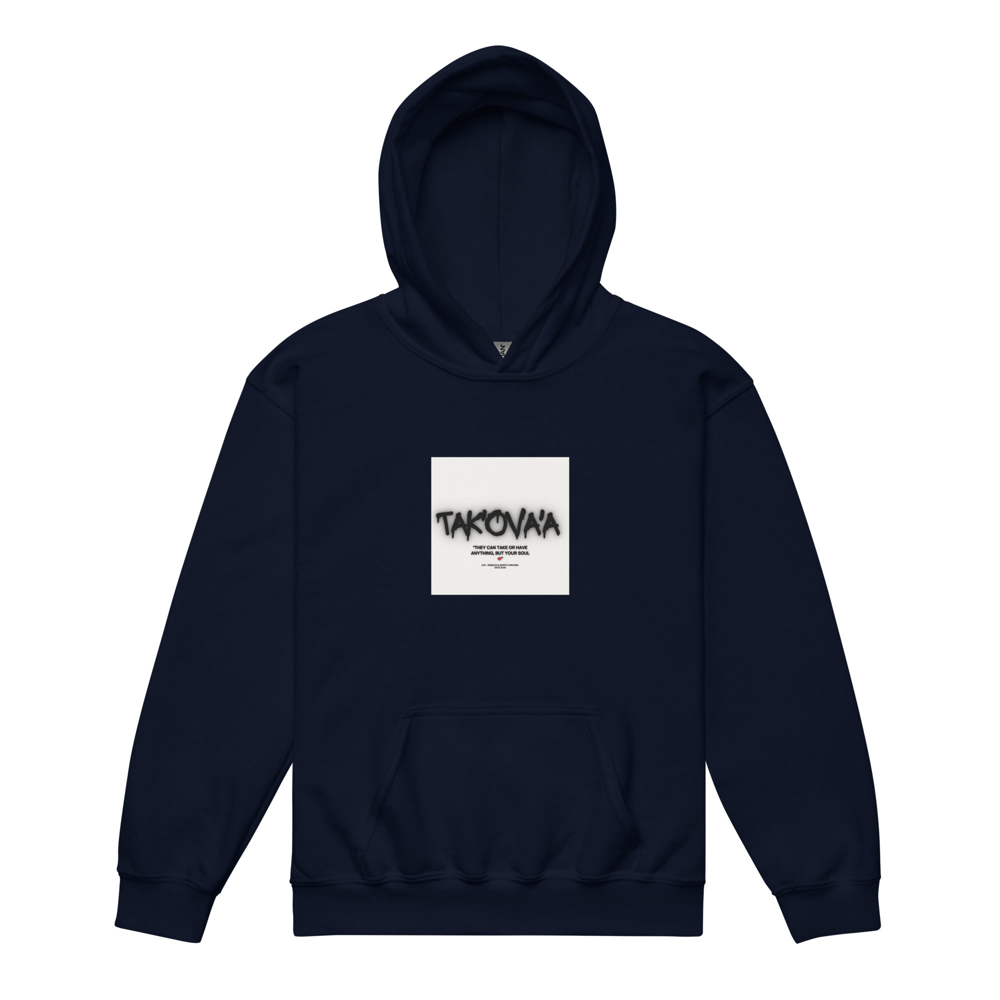 Navy blue hoodie with a white square logo on a white background