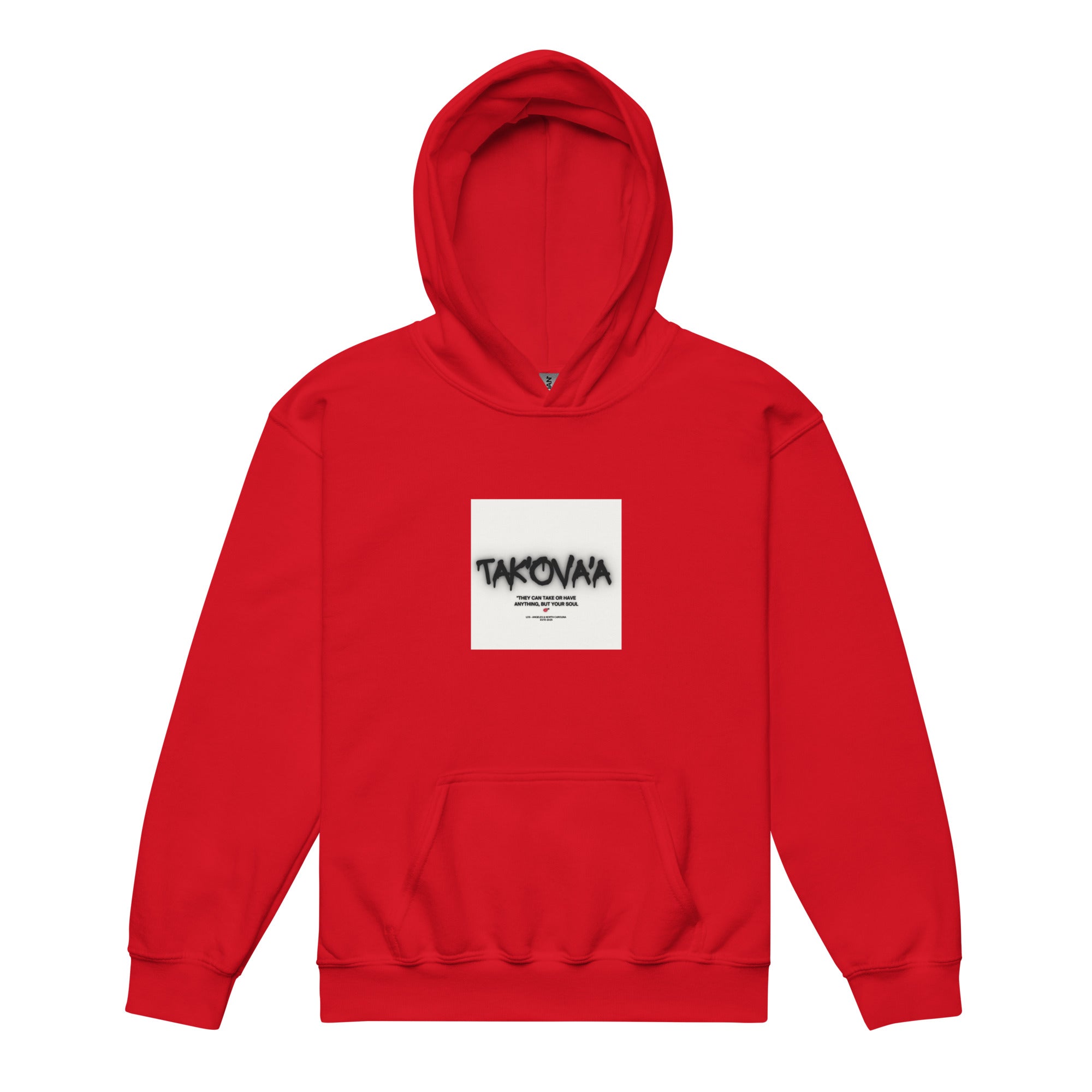 Red hoodie with a white square logo on a white background