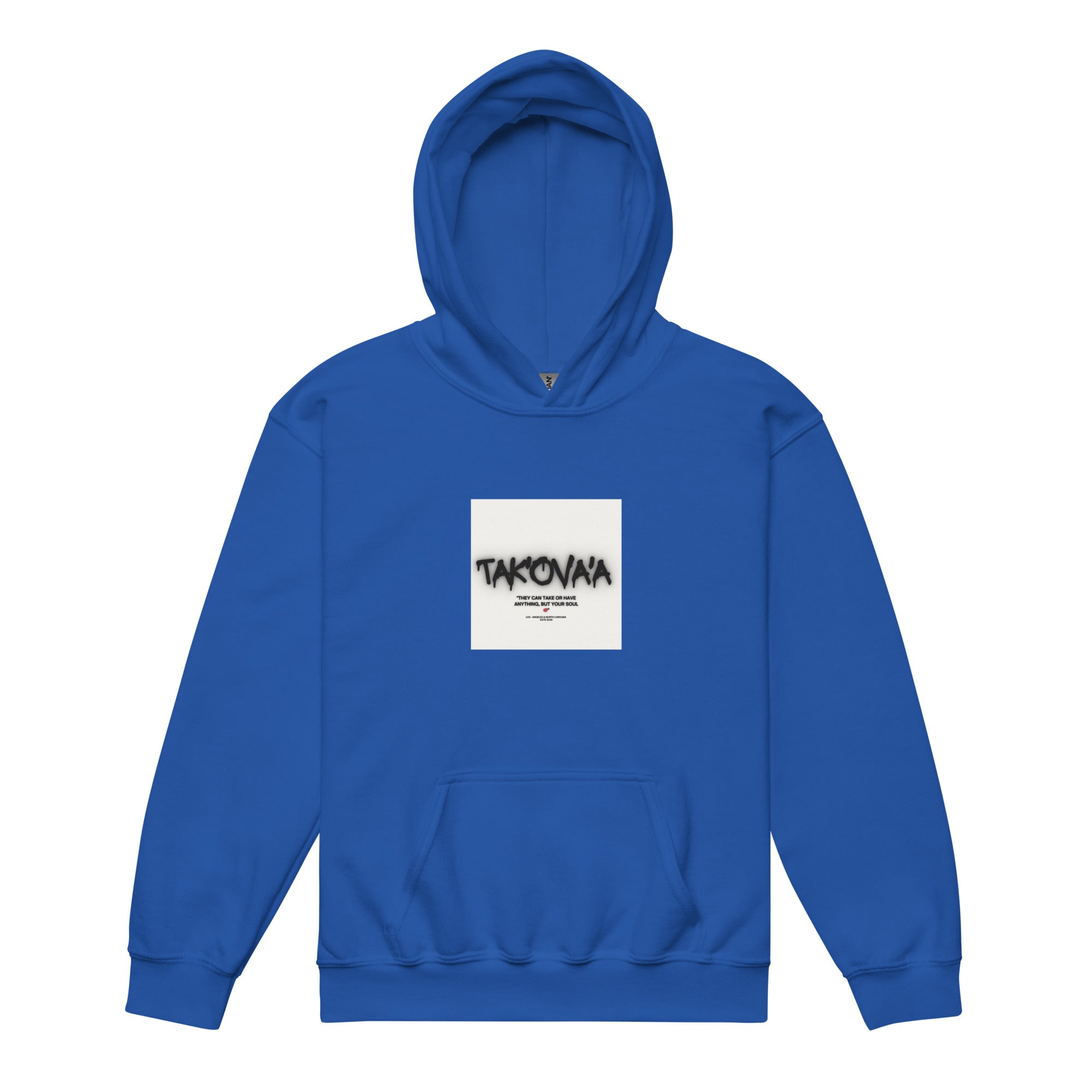 Blue hoodie with a white square logo on a white background