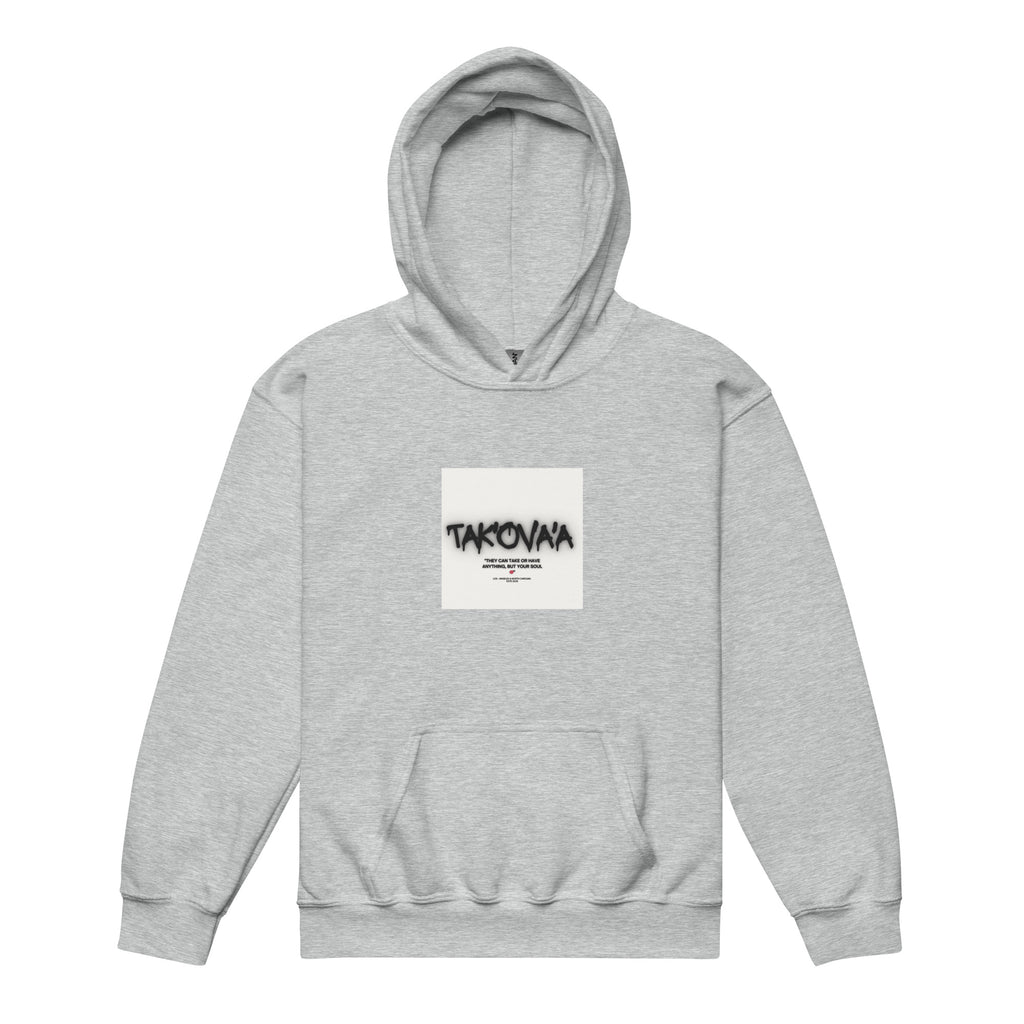 Gray hoodie with a logo on the chest against a white background