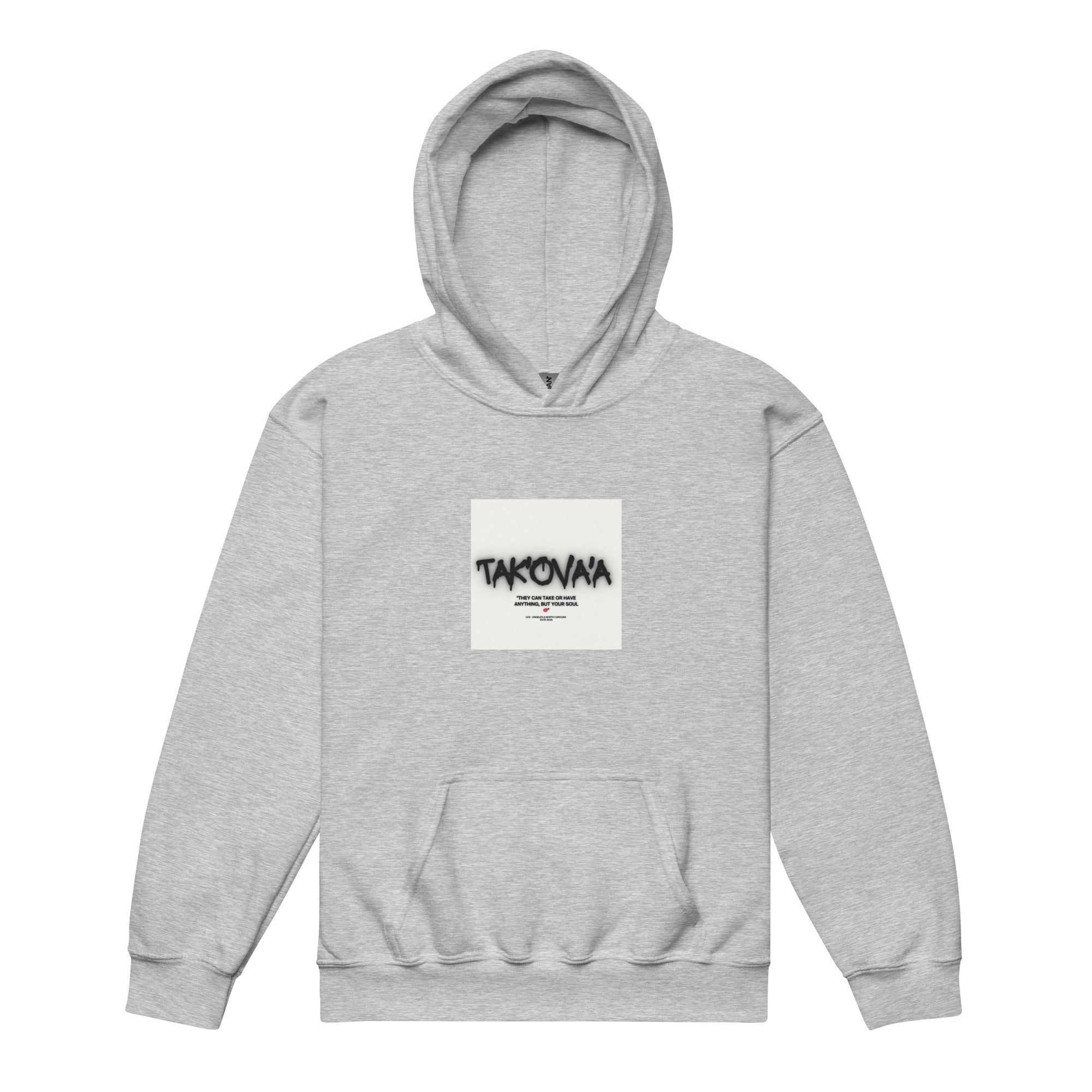 Gray hoodie with a logo on the chest against a white background