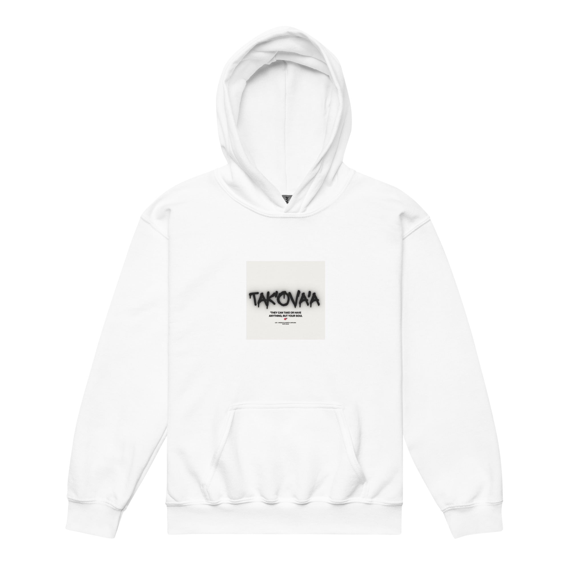 White hoodie with a small pocket and 'Takovaa' logo on a white background