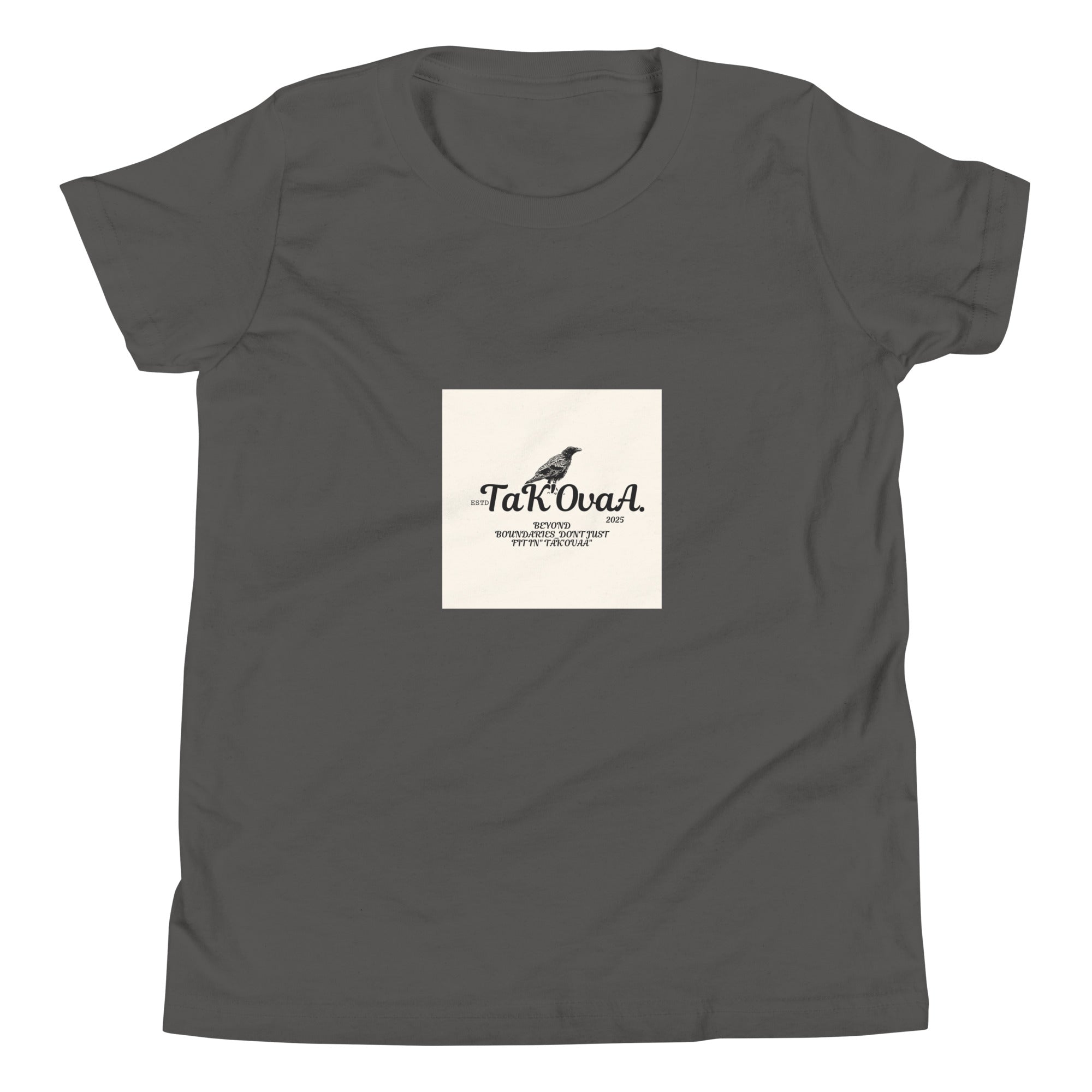 Gray t-shirt with a white label featuring text and a logo on a white background