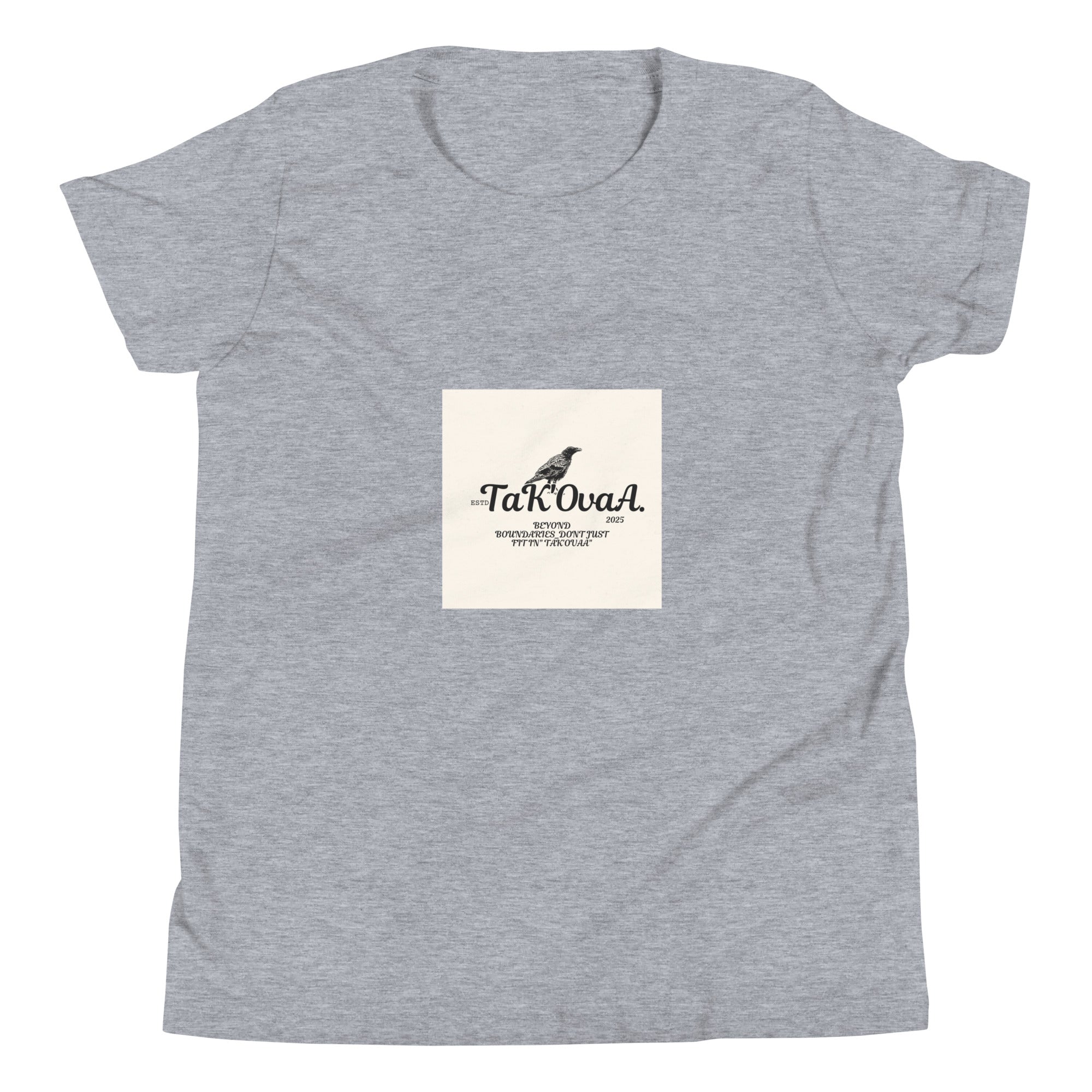 Gray t-shirt with a logo and text on a white background