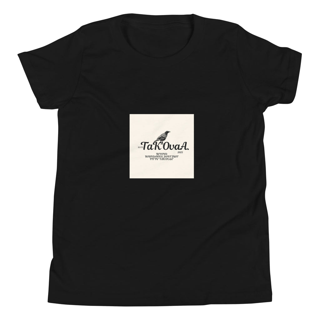 Black t-shirt with a white square logo featuring text and a graphic on a white background