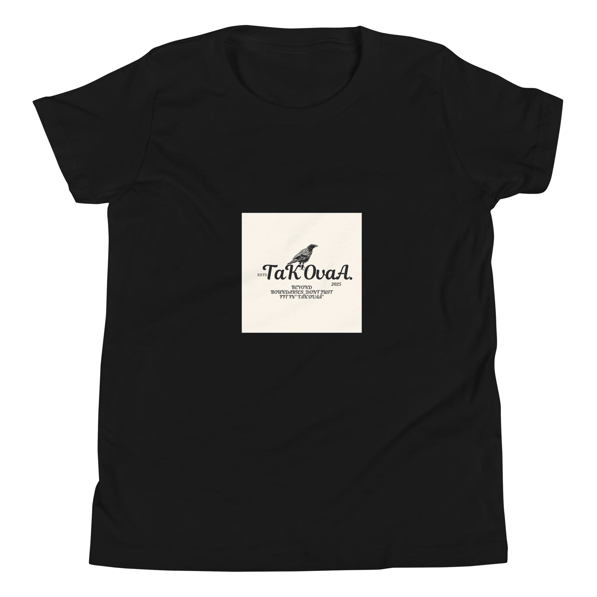 Black t-shirt with a white square logo featuring text and a graphic on a white background