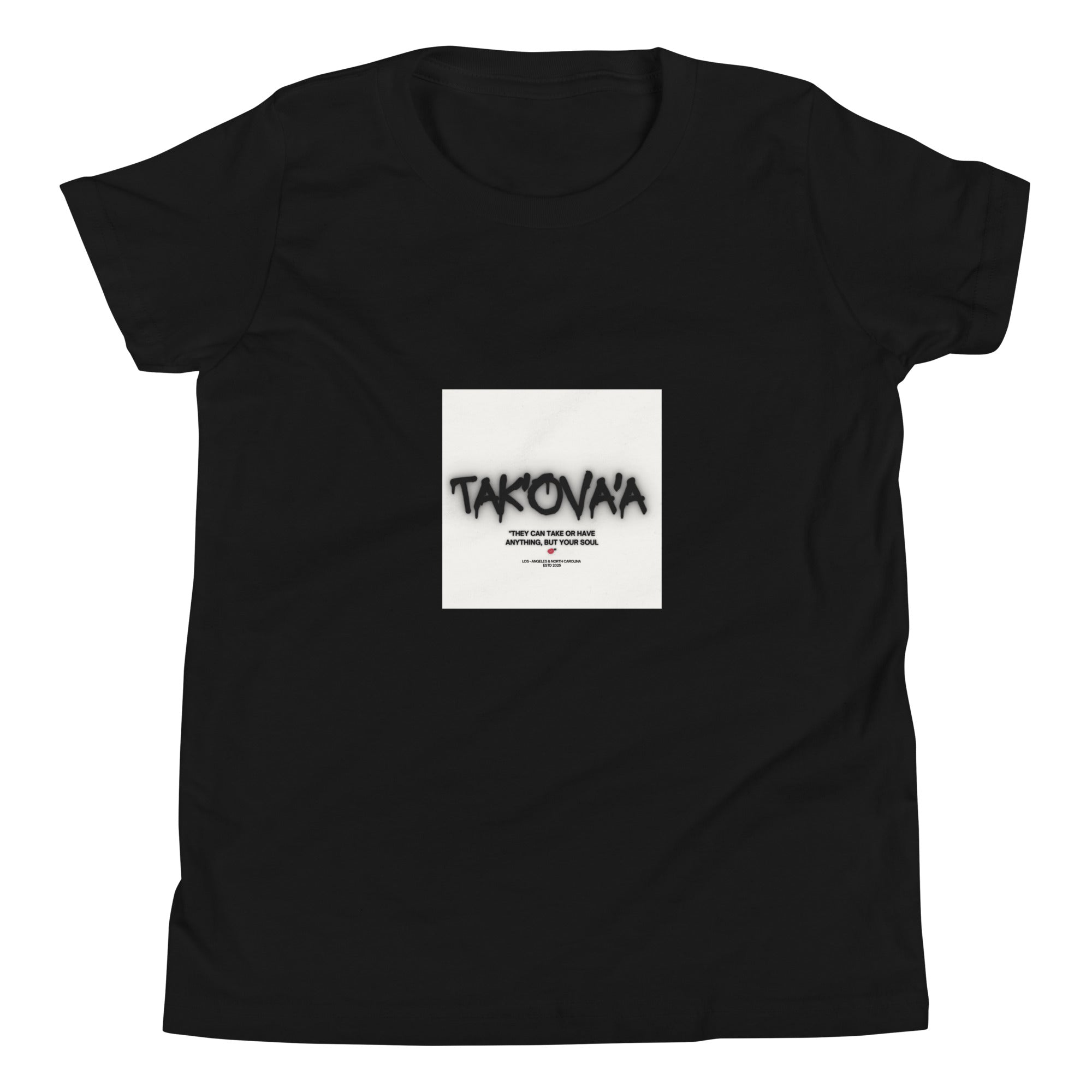 Black t-shirt with a white square graphic featuring text on a white background