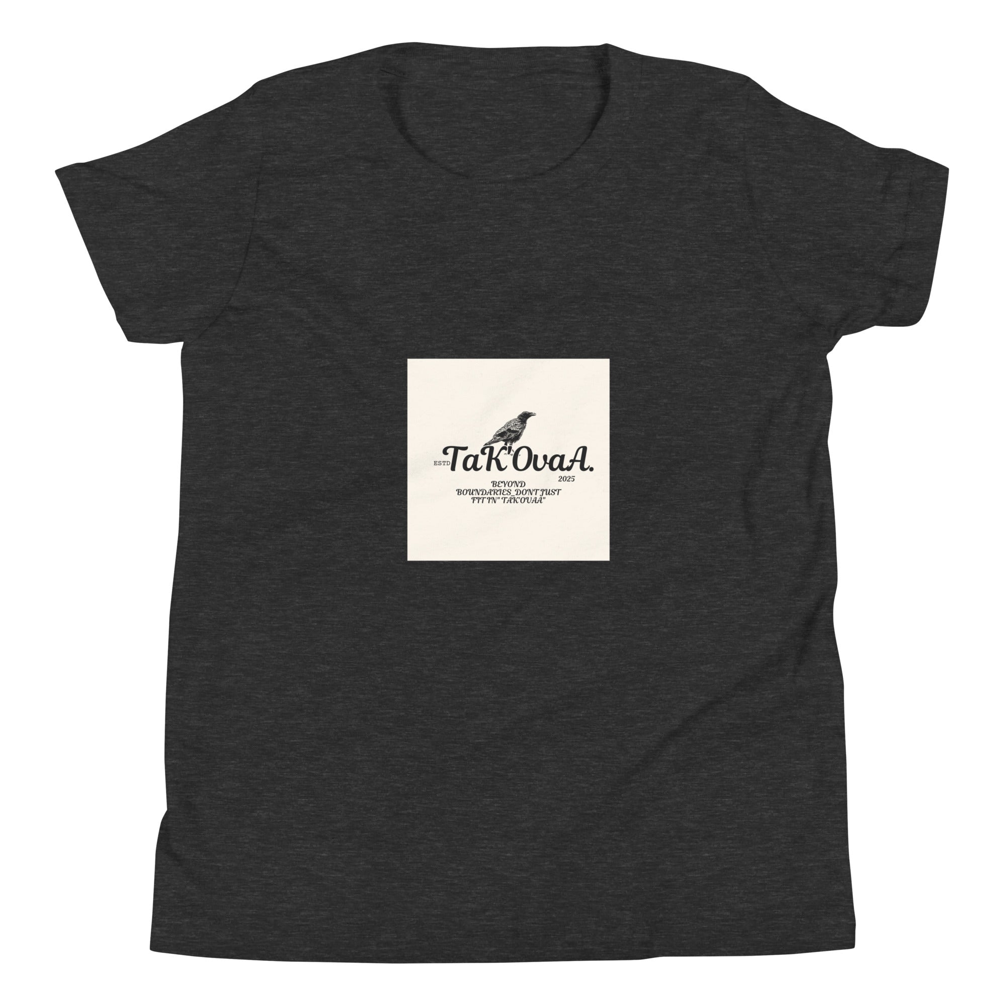 Black t-shirt with a white square logo featuring text and a bird illustration on a white background