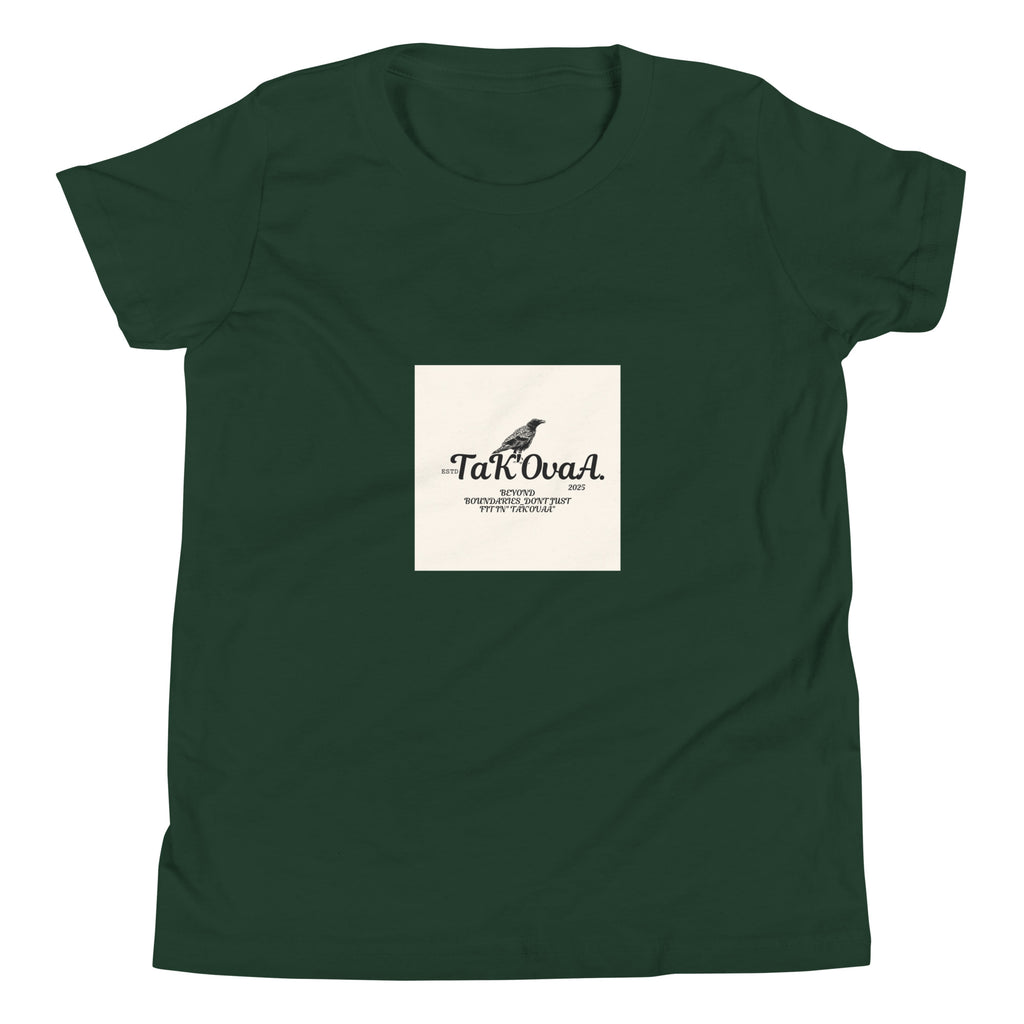Green t-shirt with a white square logo featuring text and a logo on a white background