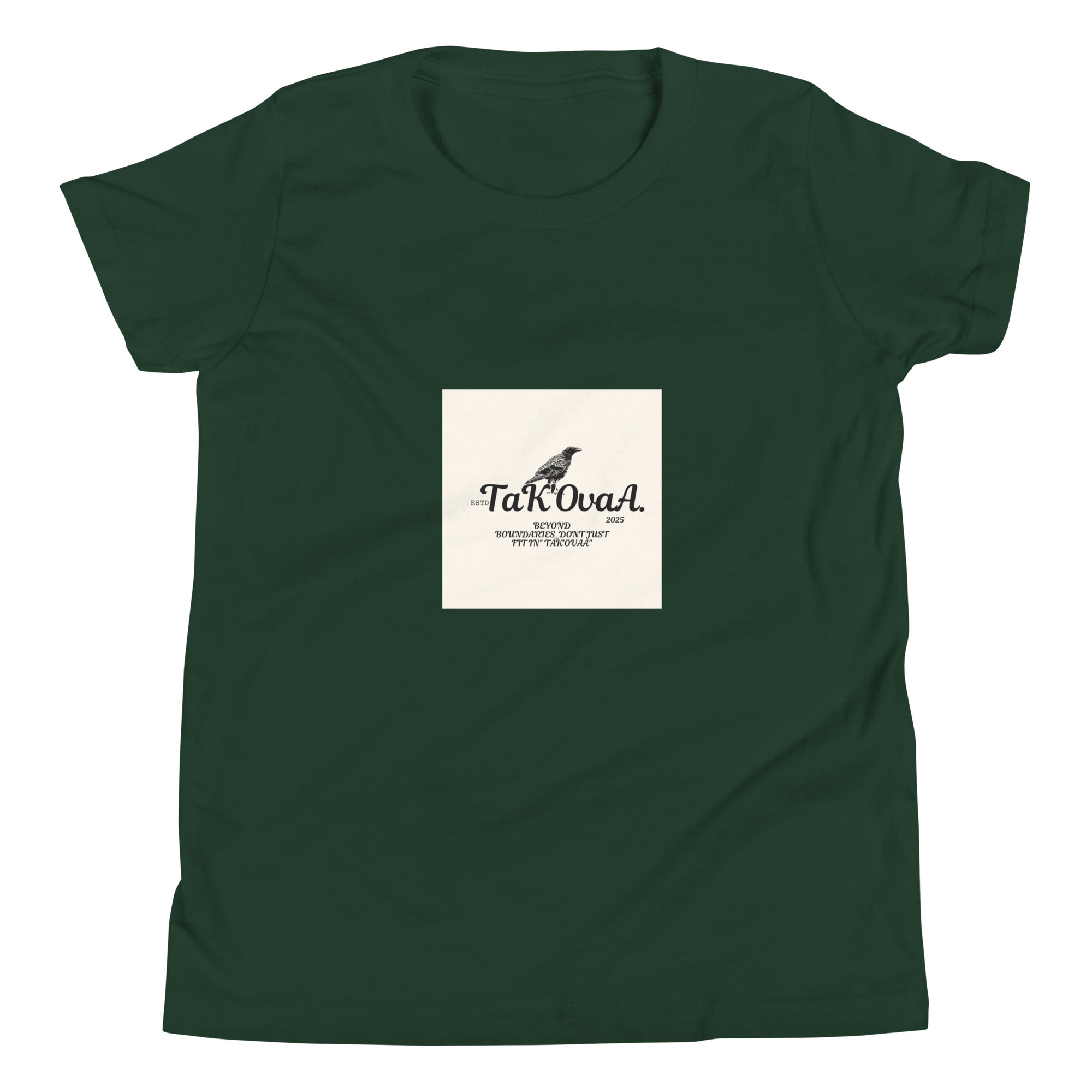 Green t-shirt with a white square logo featuring text and a logo on a white background