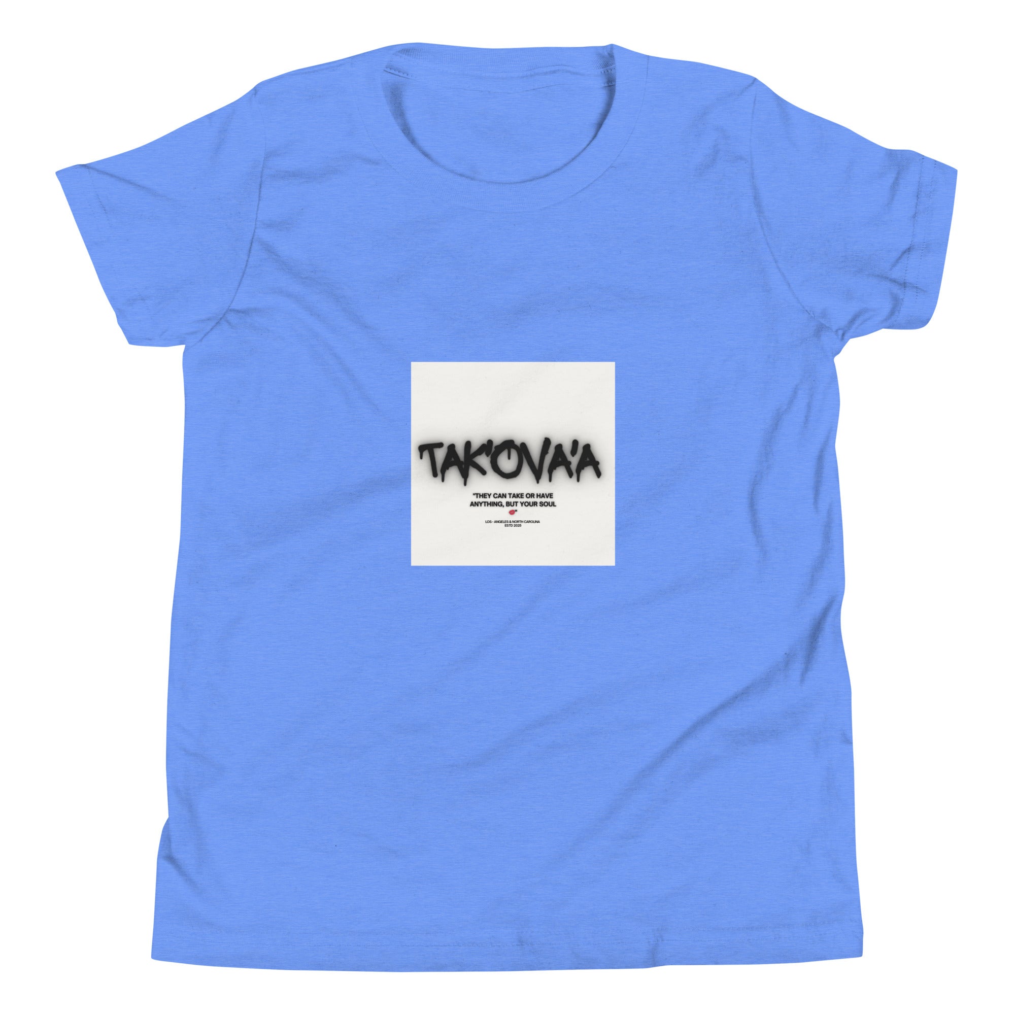 Blue t-shirt with a graphic design on a white background