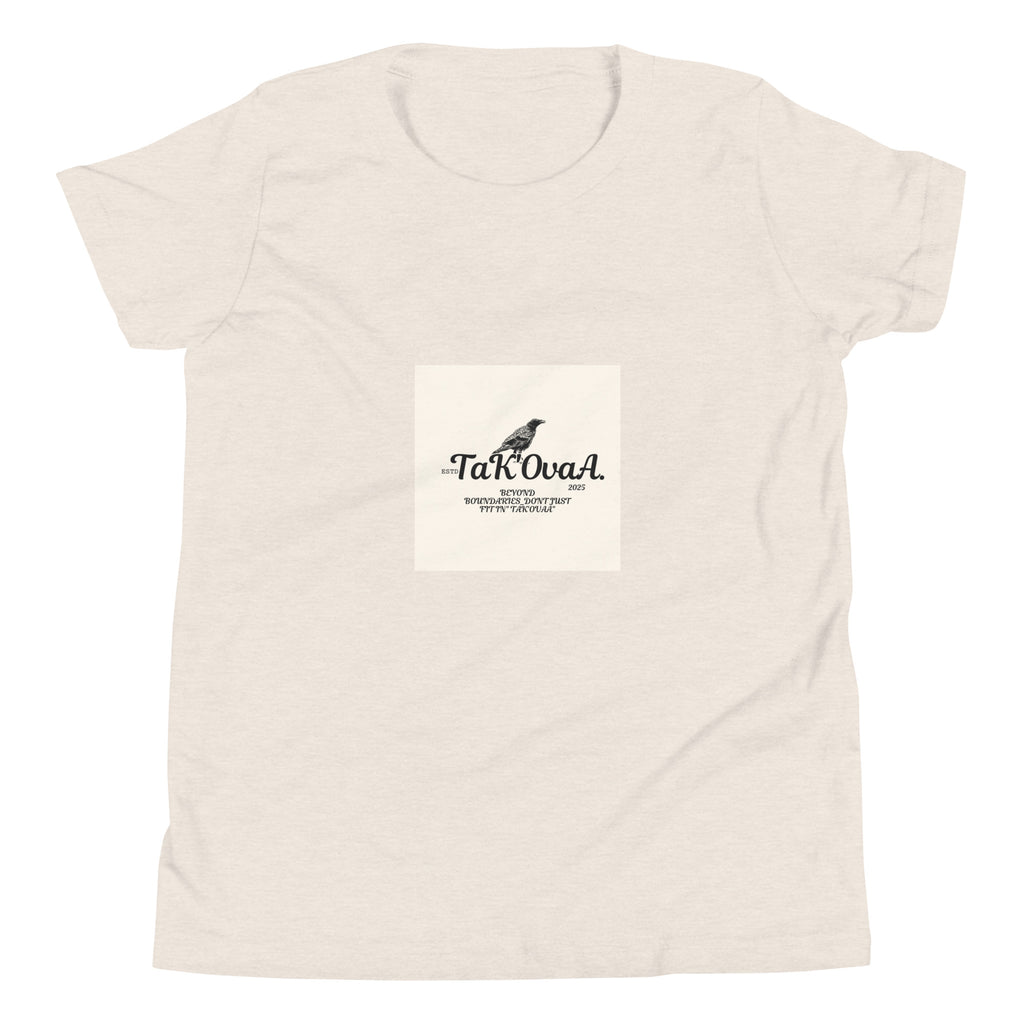 Beige t-shirt with a logo and text on a white background