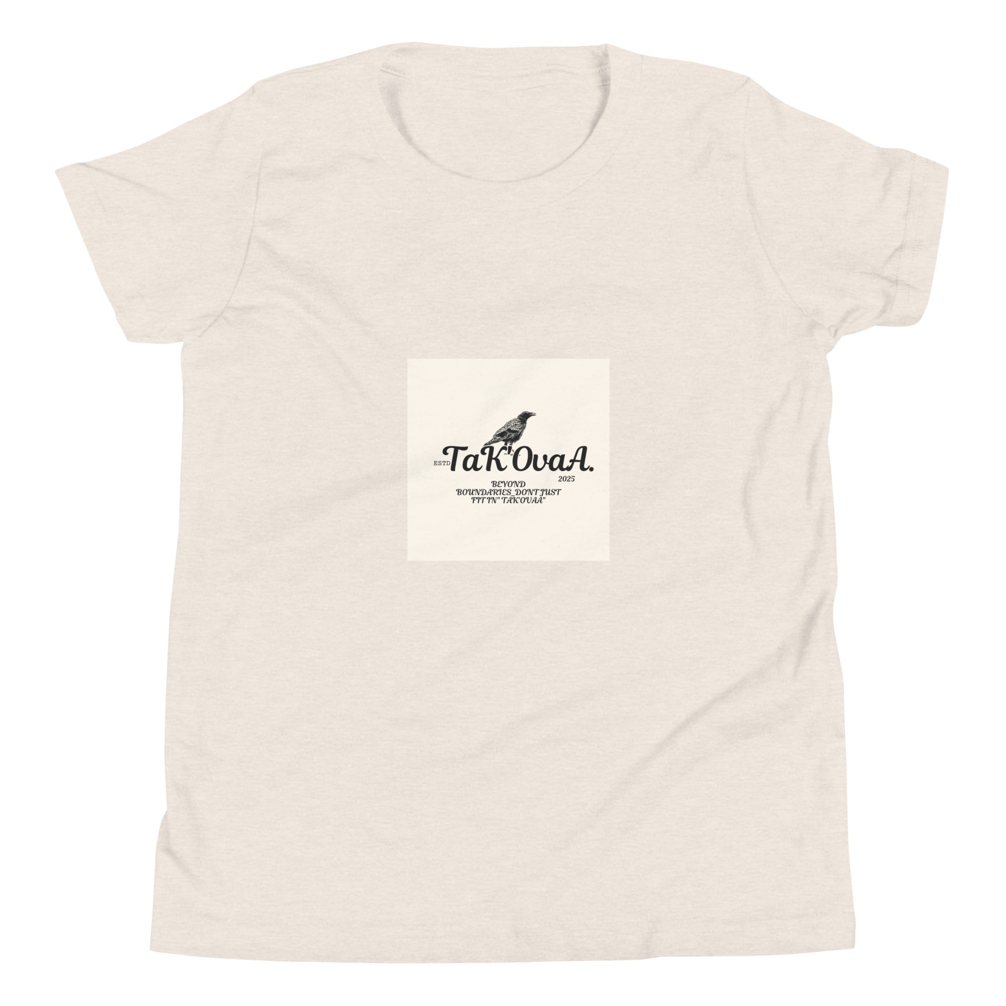 Beige t-shirt with a logo and text on a white background