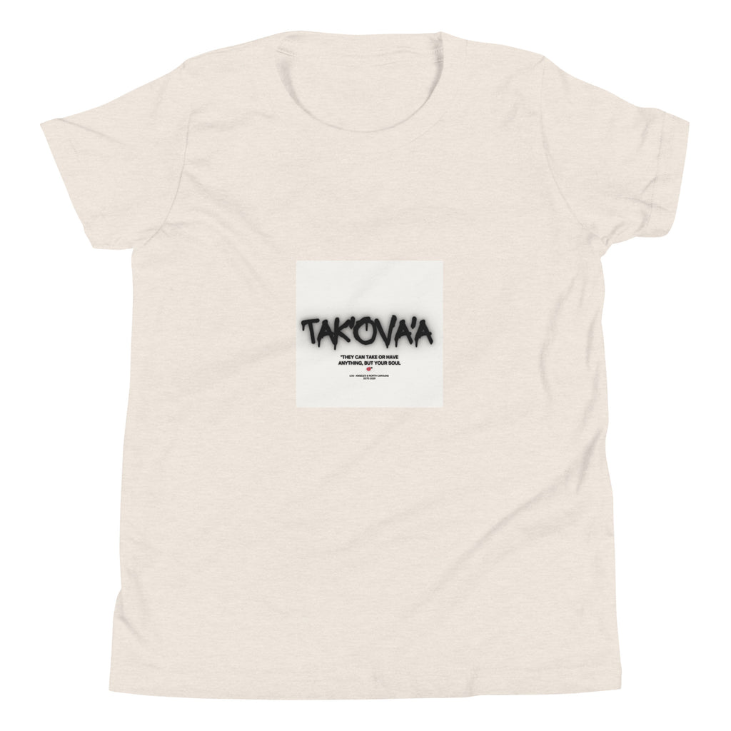 Beige t-shirt with a graphic design on a white background