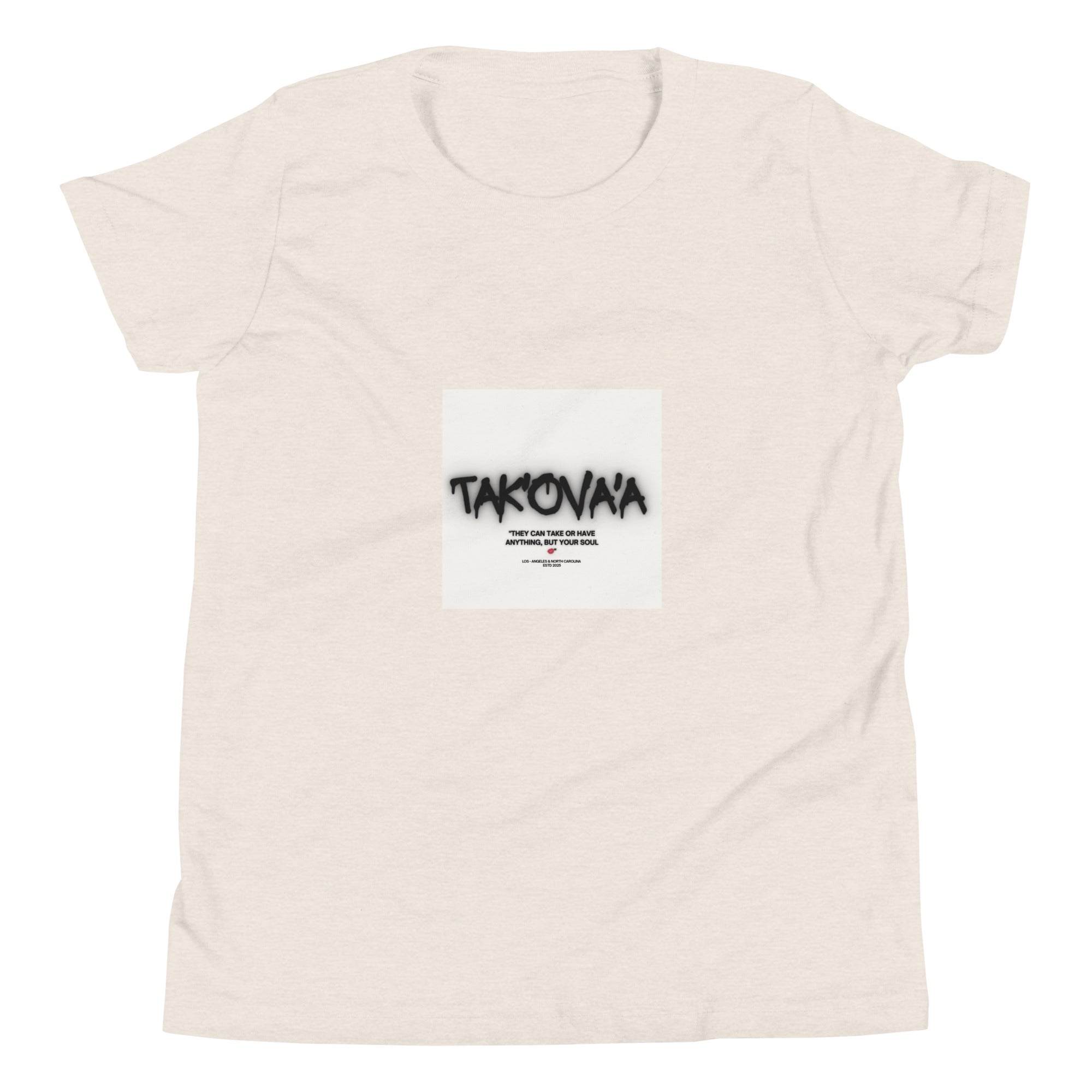 Beige t-shirt with a graphic design on a white background