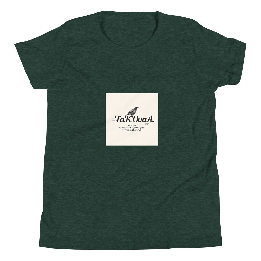 Green t-shirt with a white label featuring text and a logo on a white background
