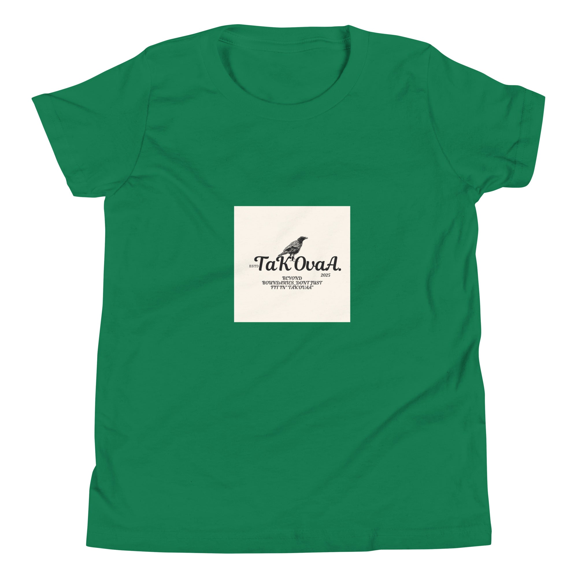 Green t-shirt with a white label featuring text and a logo on a white background