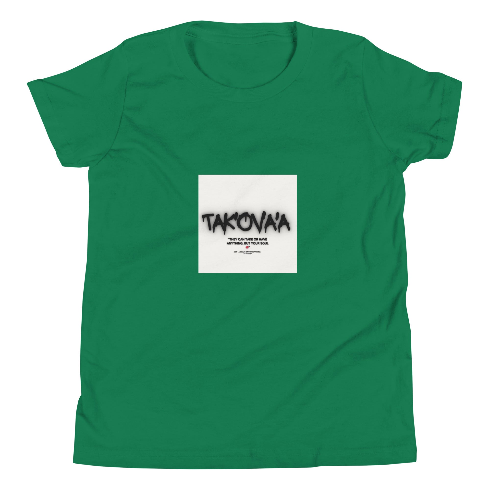 Green t-shirt with a white square graphic featuring text on a white background