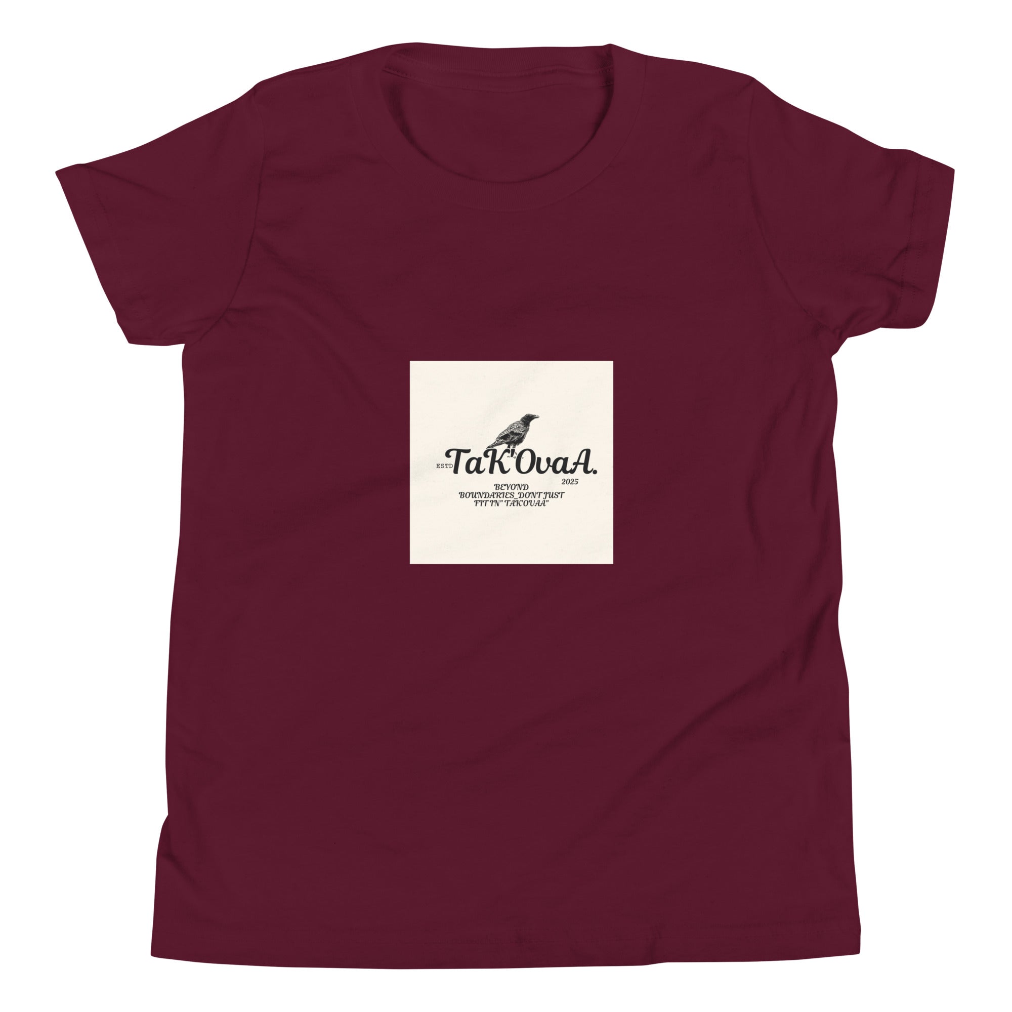 Maroon t-shirt with a white square featuring text and a logo on a white background