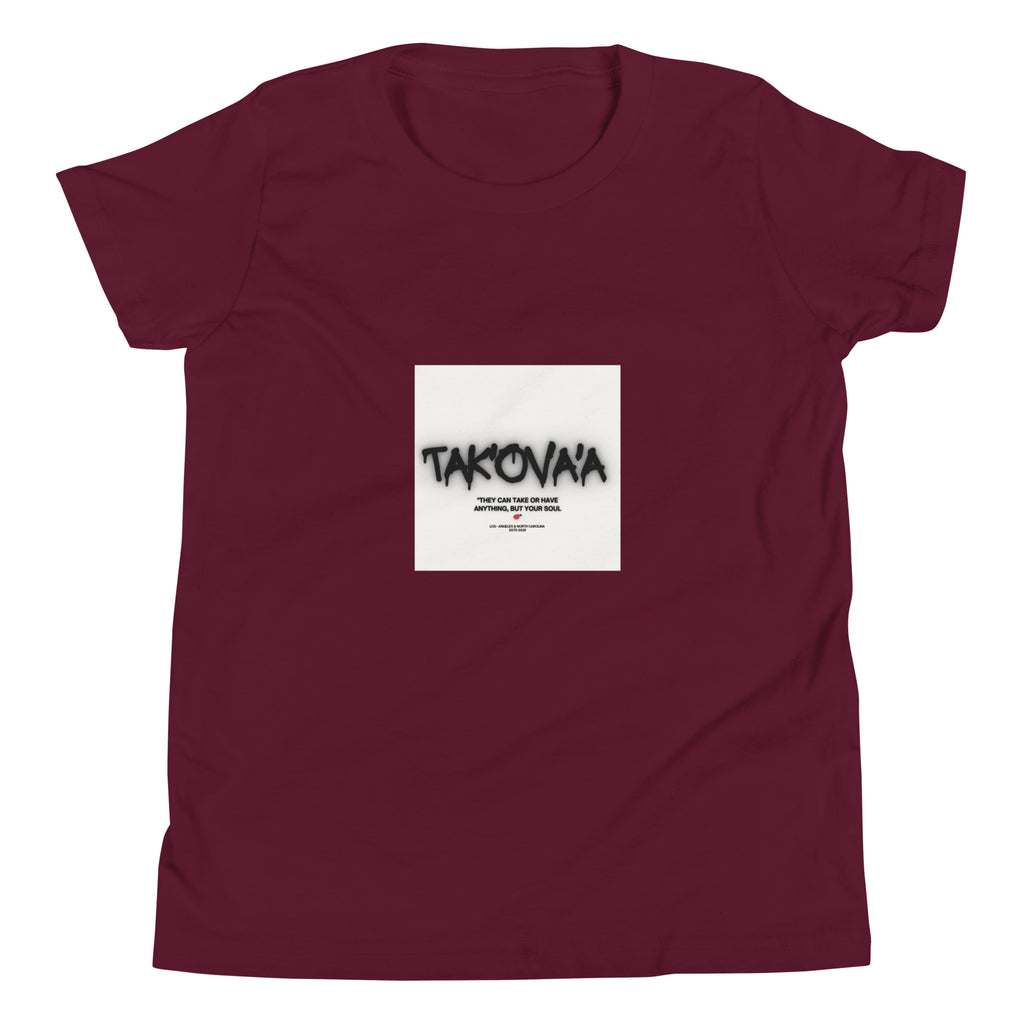 Maroon t-shirt with a graphic design on a white background