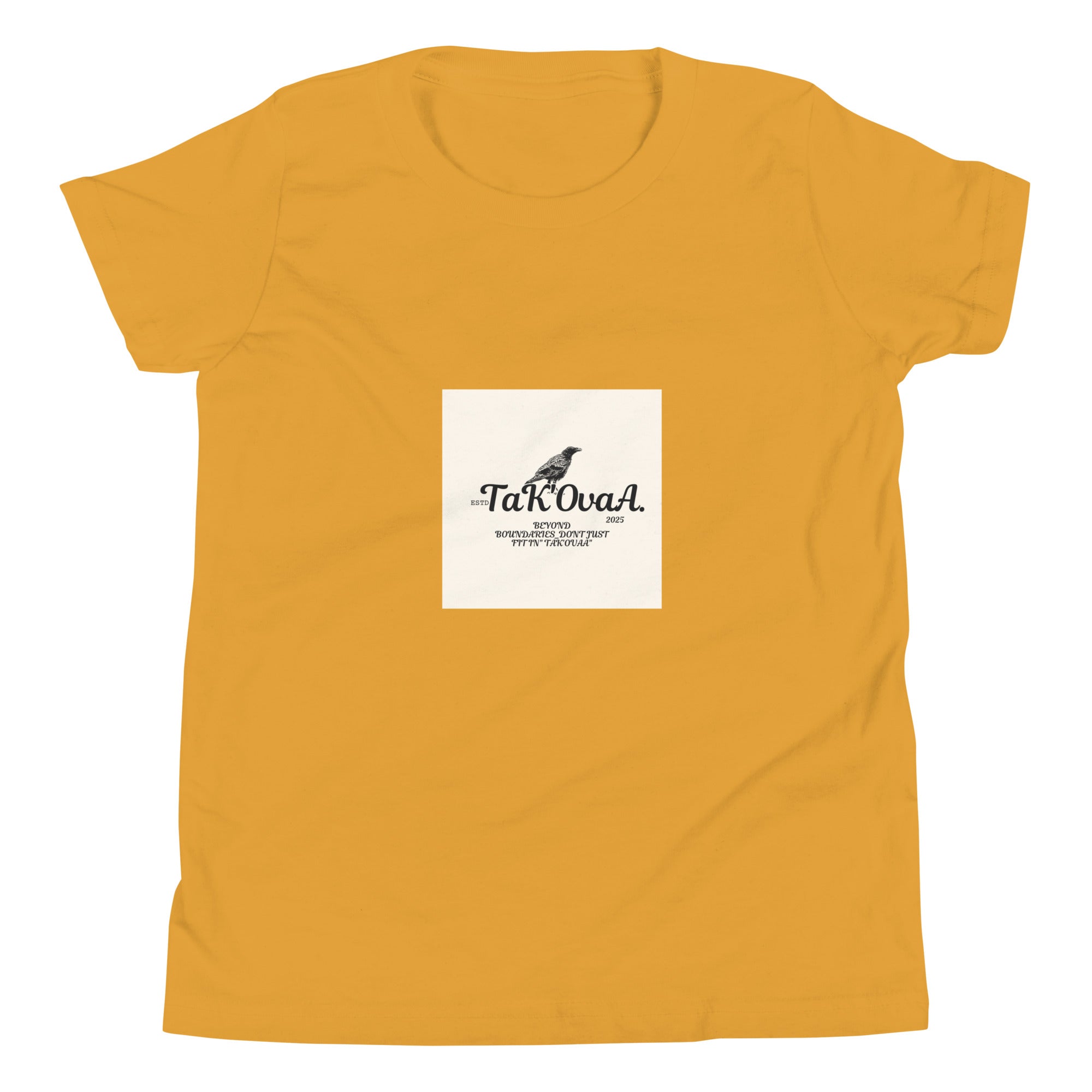 Yellow t-shirt with a white square featuring text and a logo on a white background