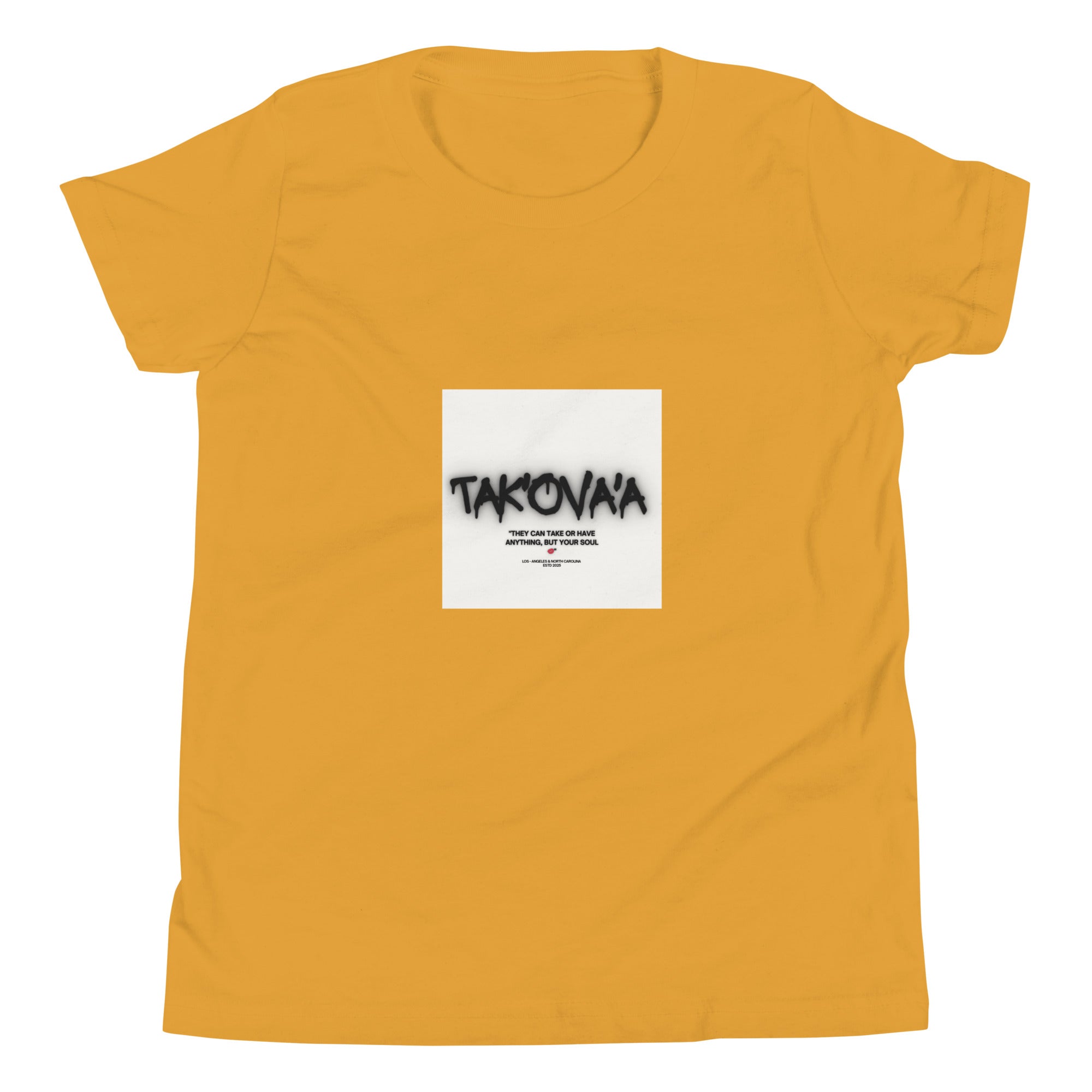 Yellow t-shirt with a graphic design featuring the text 'Takovna' on a white background.