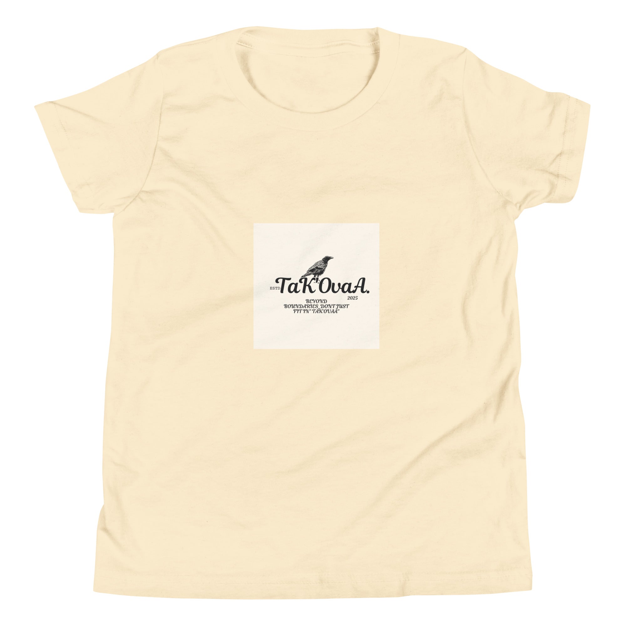 Beige t-shirt with a logo and text on a white background