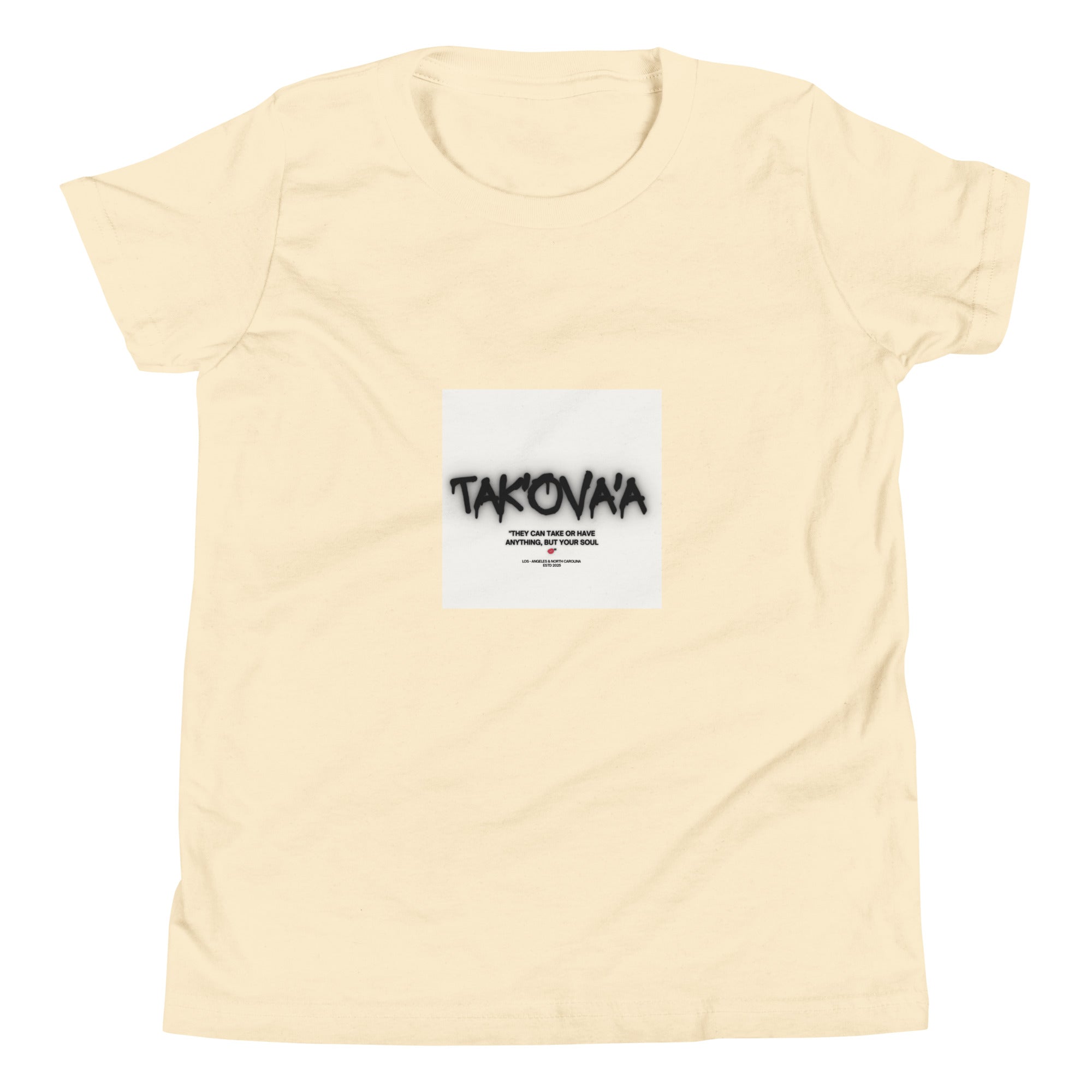 Beige t-shirt with a graphic design on a white background