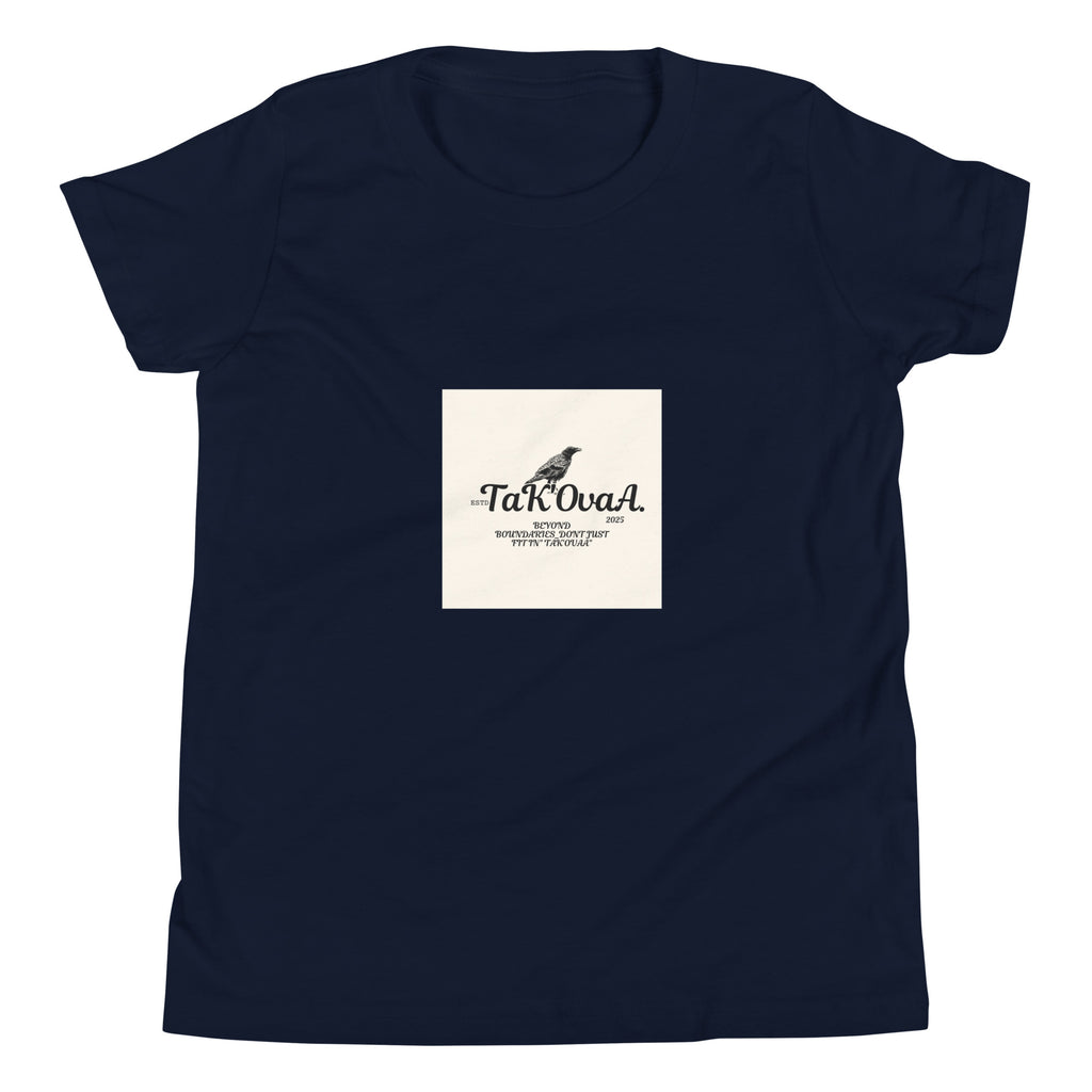 Navy blue t-shirt with a white square logo featuring text and a logo on a white background
