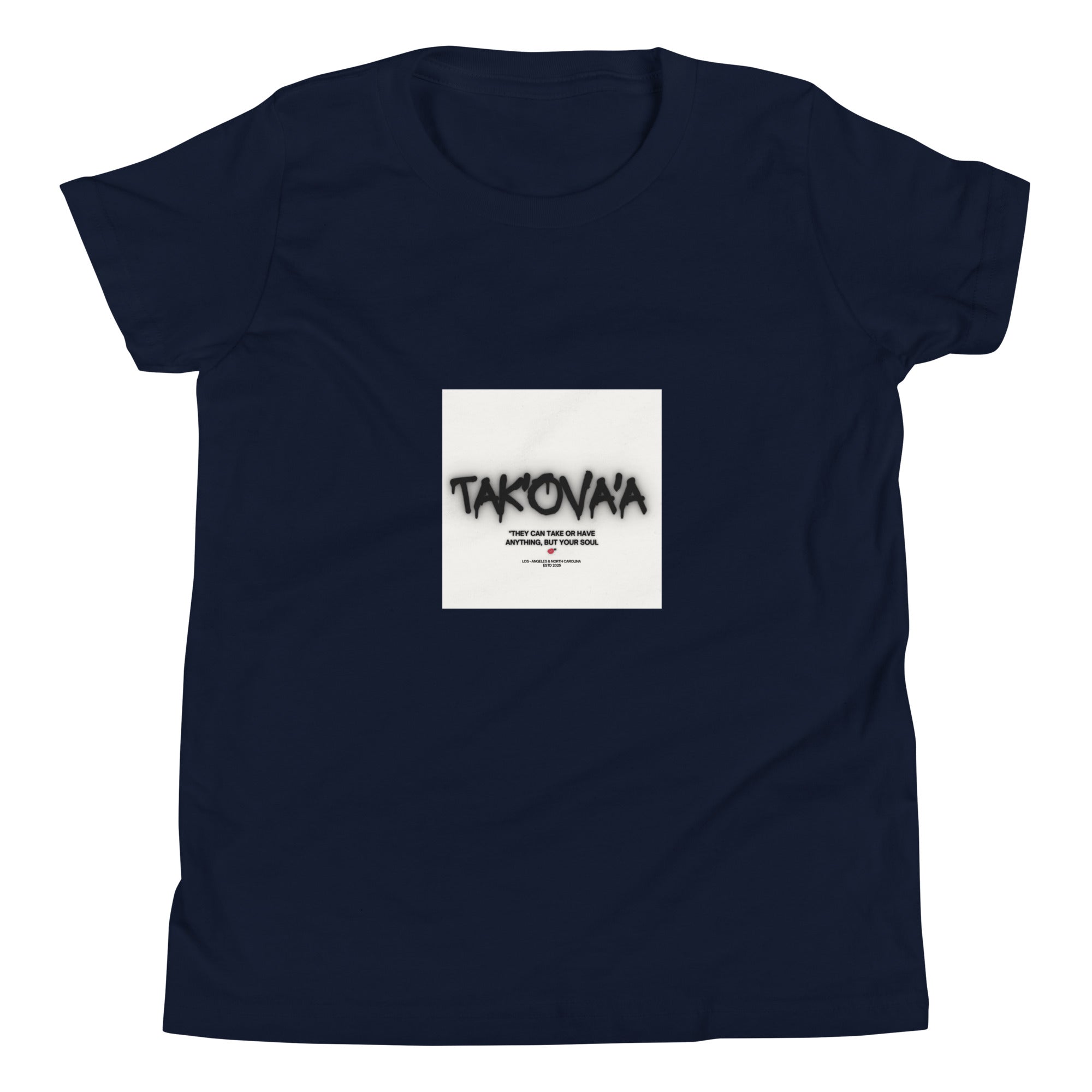 Navy blue t-shirt with a white square graphic featuring text on a white background