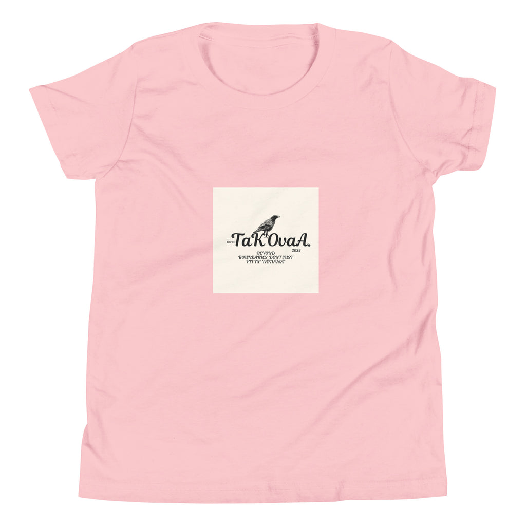 Pink t-shirt with a white square featuring text and a logo on a white background