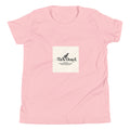 Pink t-shirt with a white square featuring text and a logo on a white background