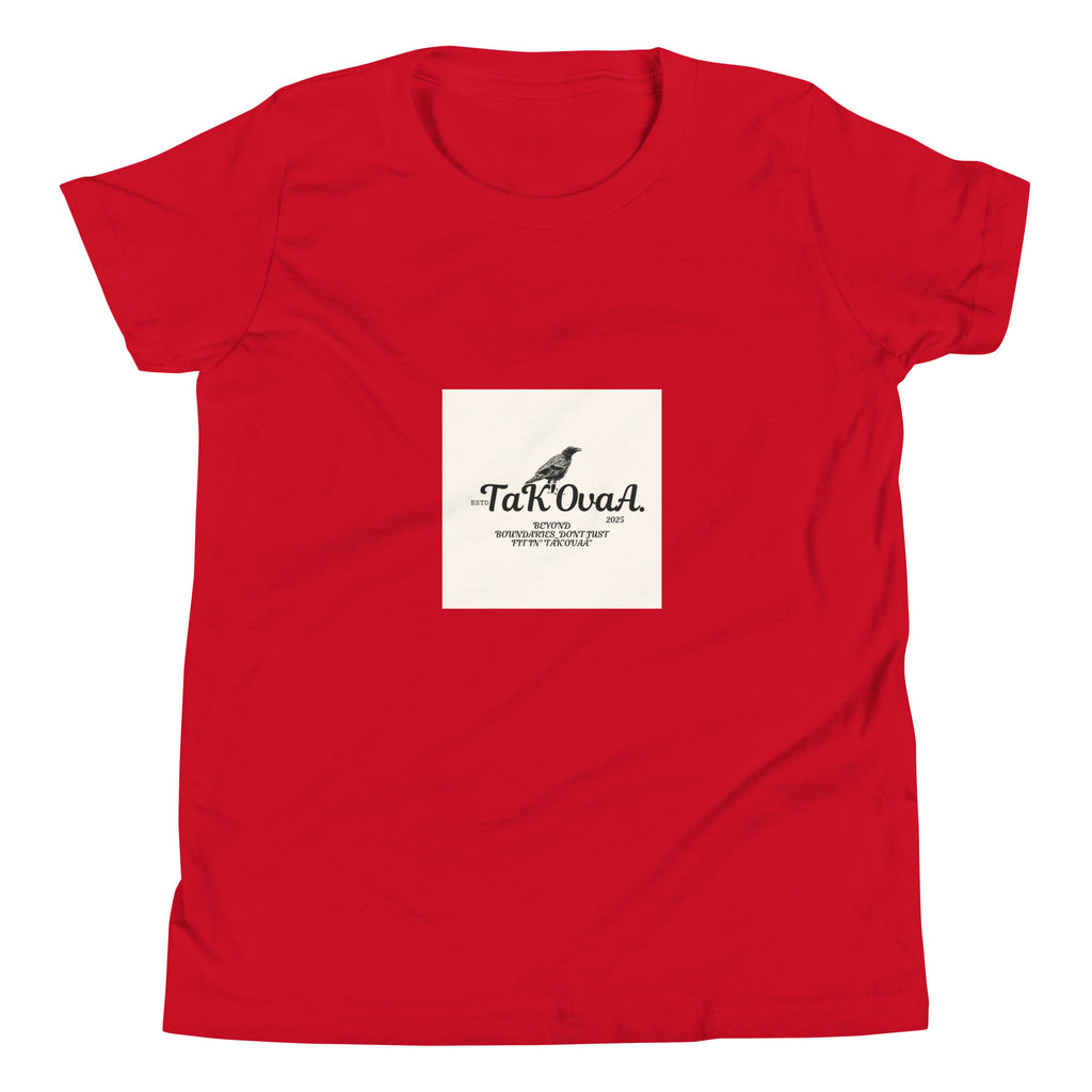 Red t-shirt with a white square featuring a logo and text on a white background