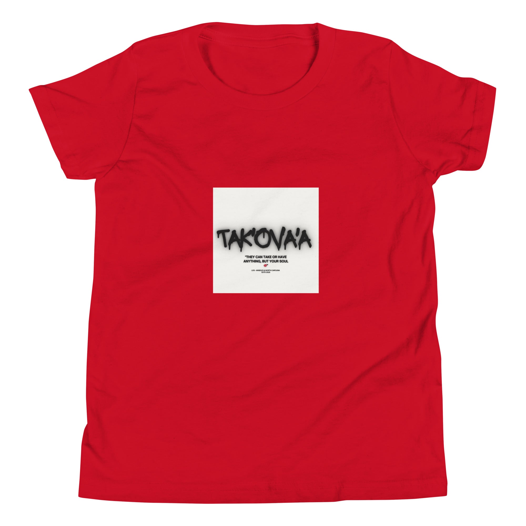 Red t-shirt with a graphic design featuring the word 'Takovna' on a white background