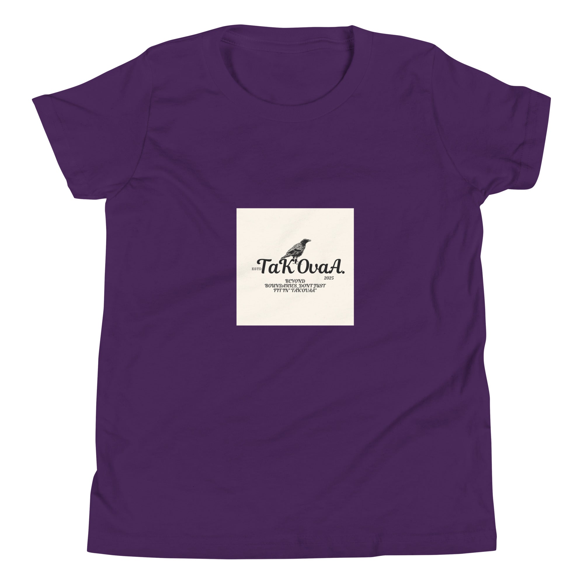 Purple t-shirt with a white label featuring text and a logo on a white background