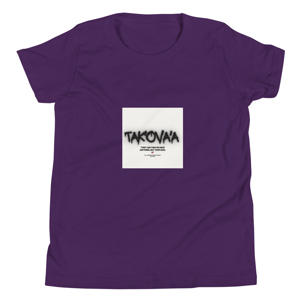 Purple t-shirt with a white square featuring text and graphics on a white background