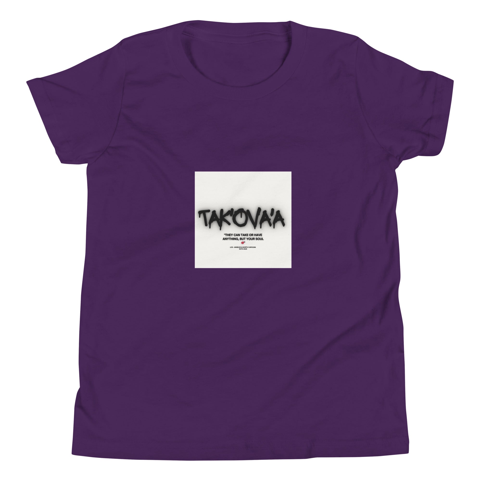 Purple t-shirt with a white square featuring text and graphics on a white background