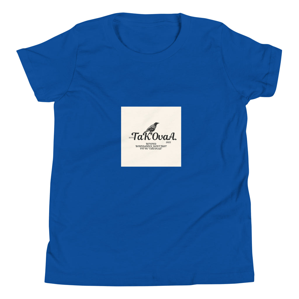 Blue t-shirt with a white label featuring text and a logo on a white background