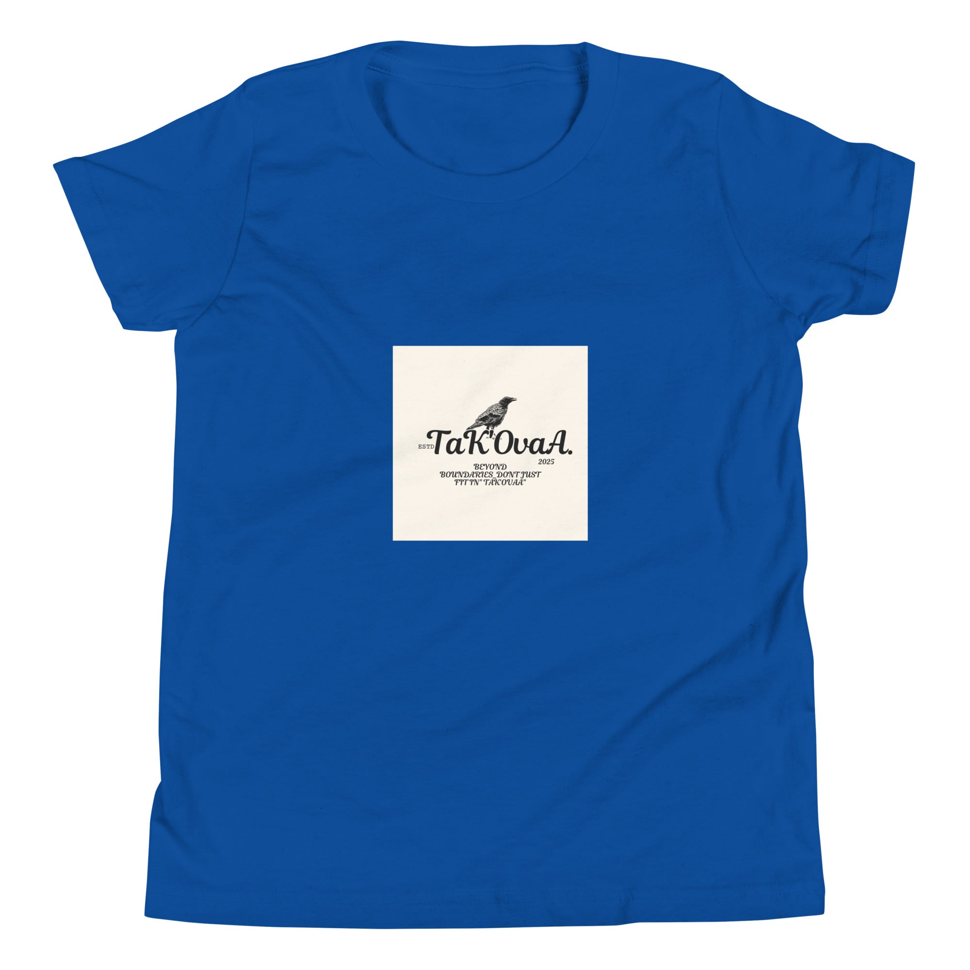 Blue t-shirt with a white label featuring text and a logo on a white background