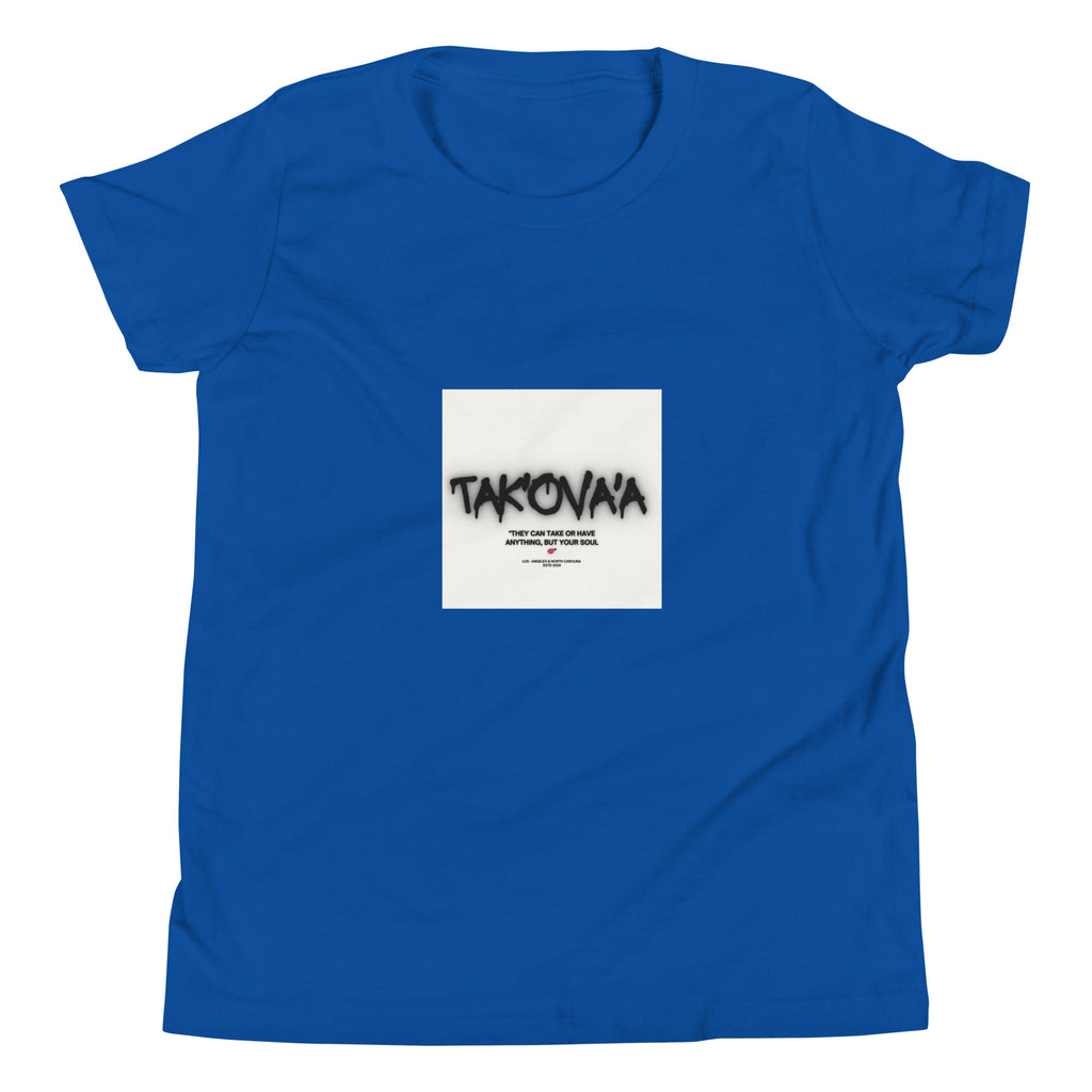 Blue t-shirt with a white square featuring text and graphics on a white background
