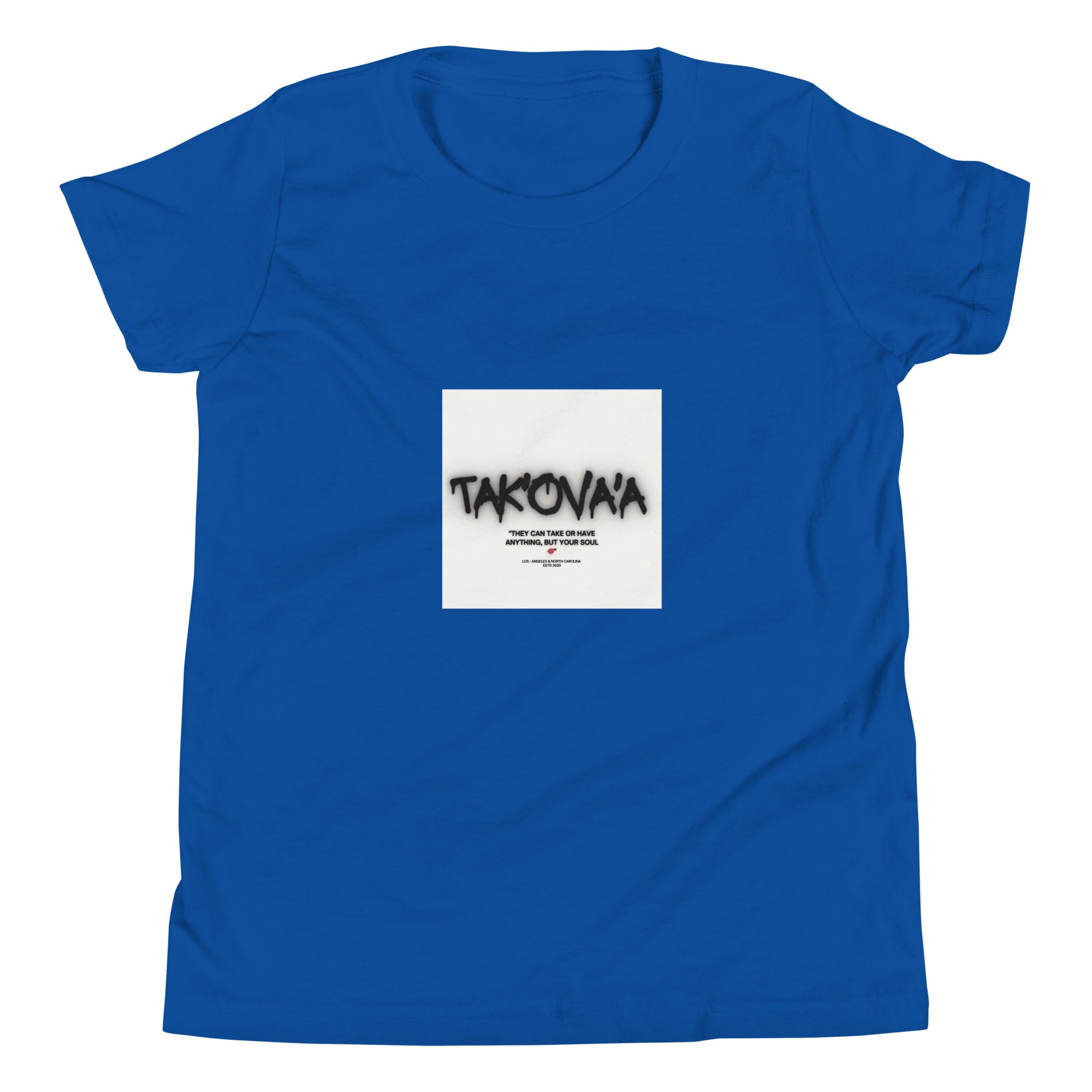 Blue t-shirt with a white square featuring text and graphics on a white background