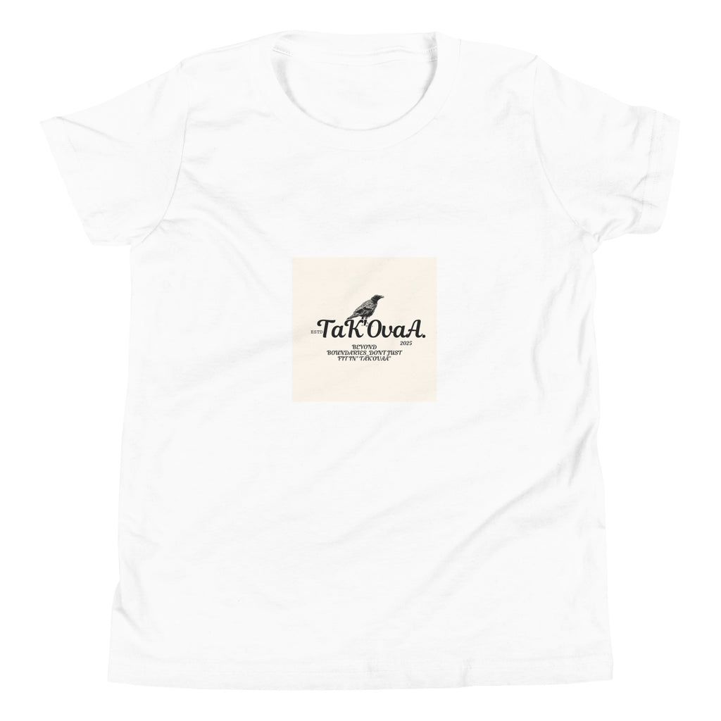 White t-shirt with a small beige patch featuring text and a logo on a white background