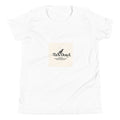 White t-shirt with a small beige patch featuring text and a logo on a white background