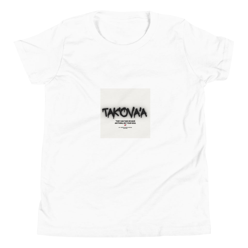 White t-shirt with black text on a white background
