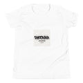 White t-shirt with black text on a white background