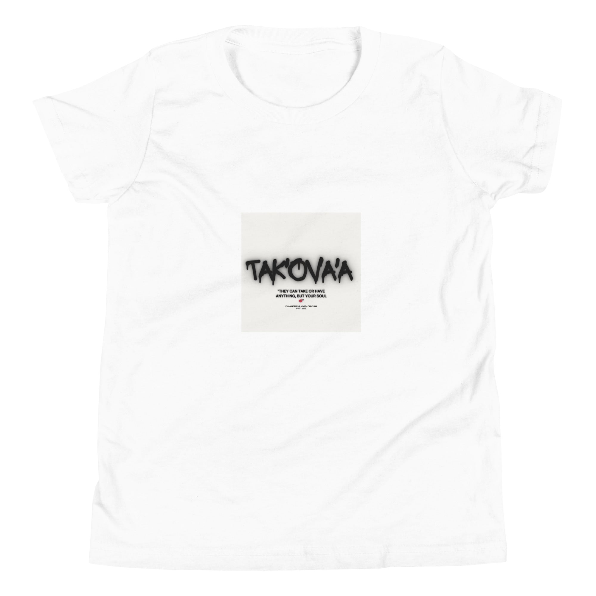 White t-shirt with black text on a white background